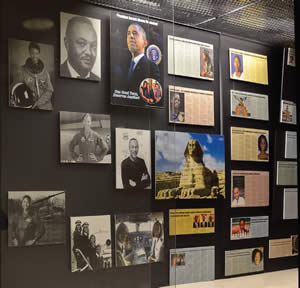 MATC-Black-History-Display-features-Milwaukee-Courier-front-pages-Obama-Collectors-Edition-Young-Gifted-Black-Series-articles-Taki-Raton