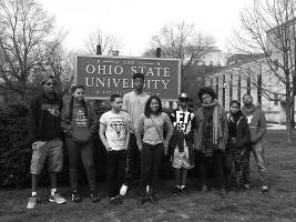 Douglas Lockwood (from left to right), Taylor McKnight-Lopez, Carlos Cortez, Lance Allen, Teyah Thompson, Khalil Evans, Virnette Adams, Marshaya Hamilton and Eric Burks at Ohio State during the SDC Spring College Tour.