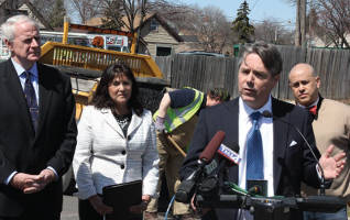 Milwaukee Mayor Tom Barrett was joined by other local officials including Milwaukee Common Council president Michael Murphy on Wednesday, April 9 (Speaking at podium) announcing a program aimed at fixing area potholes created by this past year’s winter conditions. (Photos by Robert A. Bell)