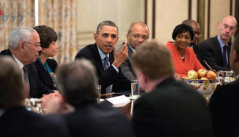 President Barack Obama meets with foundation and business leaders to discuss “My Brother’s Keeper,” an initiative to expand opportunity for young men and boys of color, in the State Dining Room of the White House, Feb. 27, 2014. (Offi cial White House Photo by Pete Souza)