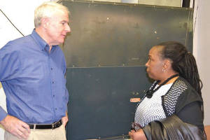Mayor Tom Barrett and SDC Commissioner ViAnna Jordan talk following the April Community Brainstorming Forum