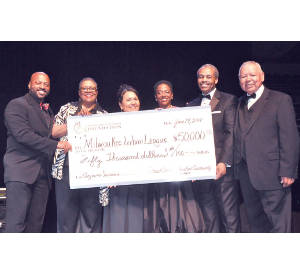 From left to right, Forest County Potawatomi Foundation Advisory Board Member Tim McMurty, Forest County Potawatomi Foundation Advisory Board Member Martha Love, Forest County Potawatomi Executive Director Kaye Garcia, Milwaukee Urban League Board Chair Vivian King, Vice President, Community Relations at Aurora Health Care, Milwaukee Urban League President & CEO Ralph Hollmon, and Forest County Powawatomi Executive Chairman Harold “Gus” Frank (Photo by Yvonne Kemp)