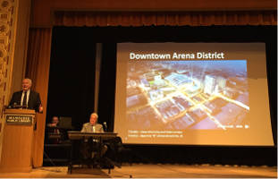 Mayor Tom Barrett presented and answered questions on the proposed Bucks arena at Tuesday’s town hall meeting, hosted by Ald. Robert Bauman.
