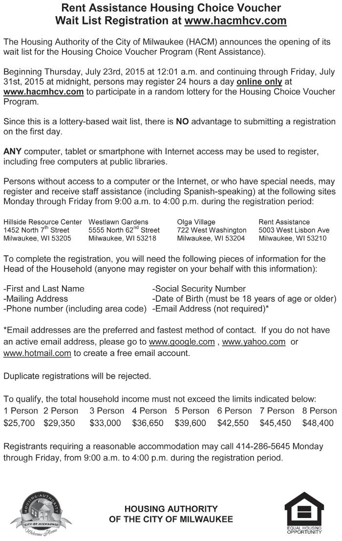Rent Assistance Housing Choice Voucher Wait List Registration Milwaukee Courier Weekly Newspaper