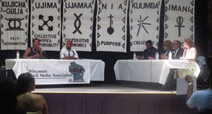 Senator Lena Taylor and Representative Mandela Barnes debating at the WBMA Forum. (photo by Karen Stokes)