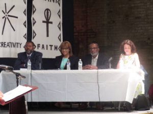 The panel, Derrell Connor (620 WTMJ), Carole Meekins (TMJ4), Eugene Kane, (former Milwaukee Journal Sentinel columnist) and Mary Spicuzza (Milwaukee Journal Sentinel political columnist) (photo by Karen Stokes)