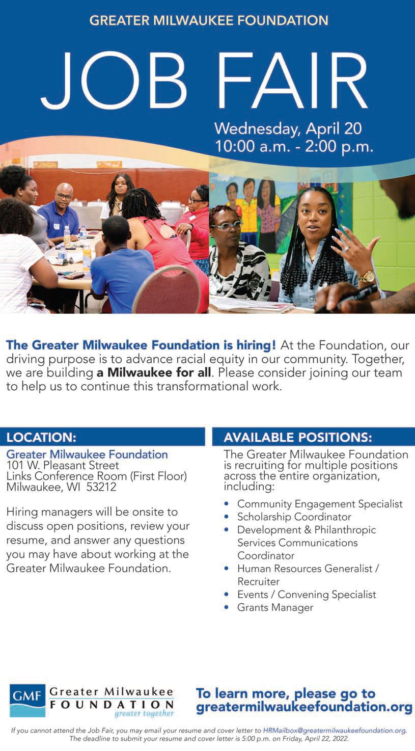 Greater Milwaukee Foundation Job Fair on Wednesday April 20 Milwaukee