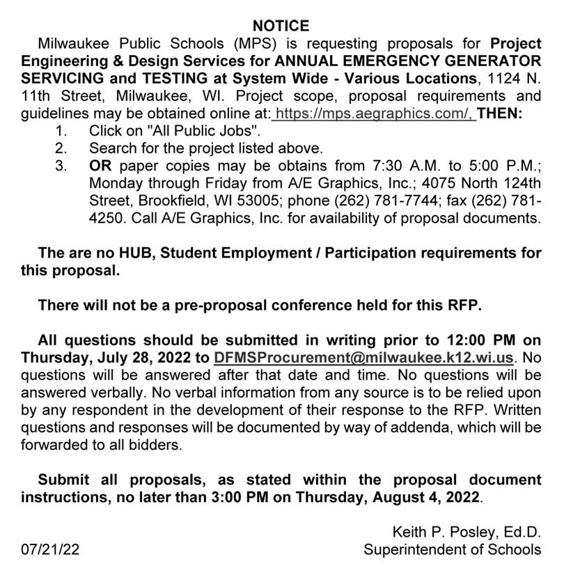 MPS Requesting Proposals For Project Engineering Design Services For   Mps Requesting Proposals Project Engineering Design Services Annual Emergency Generator Servicing Testing 