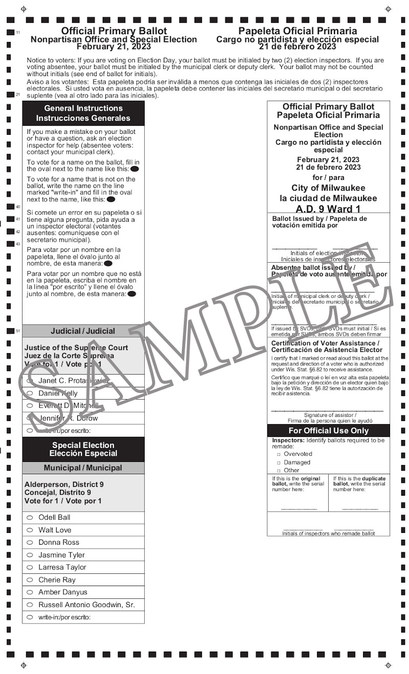 Notice of Spring Primary and Special Aldermanic Primary and Sample Ballot February 21, 2023